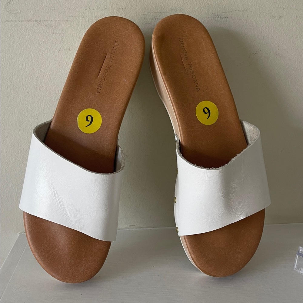 Donna Toscana Wooden White Leather and golden hardware Slide Sandals Size 9 EUC - Picture 5 of 7